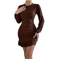Firzero Women's Sexy Bodycon Mini Dress Summer Ruched Long Sleeve Cocktail Dresses Ruffled Short Club Party Dresses 2024