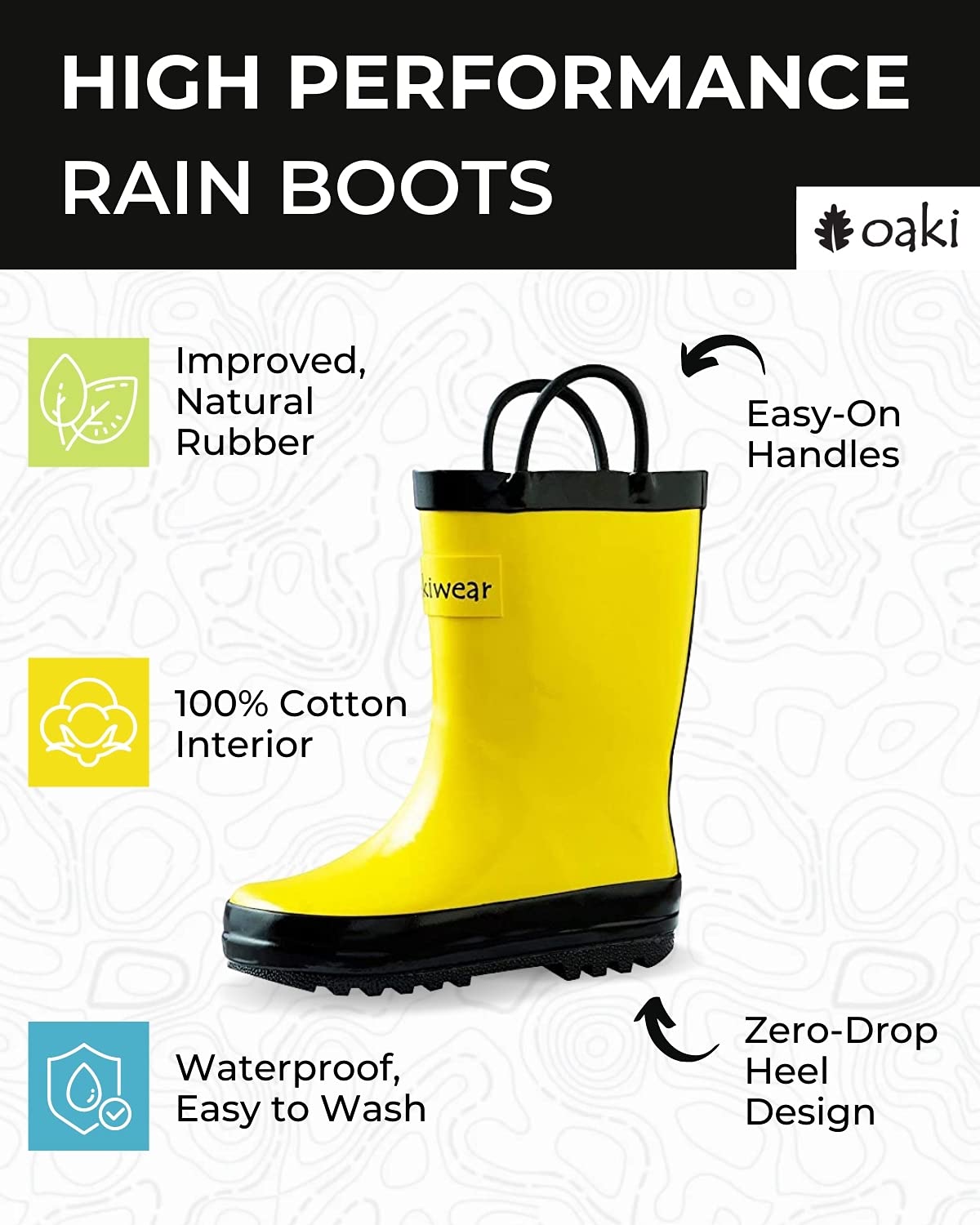 OAKI Kids Waterproof Rubber Rain Boots with Easy-On Handles.