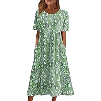 Shift Floofy Holiday Dresses for Women Homewear Short Sleeve Slim Pocket Tunic Dress Womens Crew Neck Print Green M