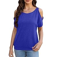 Women Fashion Tops Plain T Shirts for Women 2024 Sexy Cold Shoulder Fashion Trendy Loose Fit with Short Sleeve Round Neck Tops Royal Blue X-Large