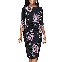 Women's 3/4 Sleeve Round Neck Floral Print Ruched Elegant Business Bodycon Midi Dress