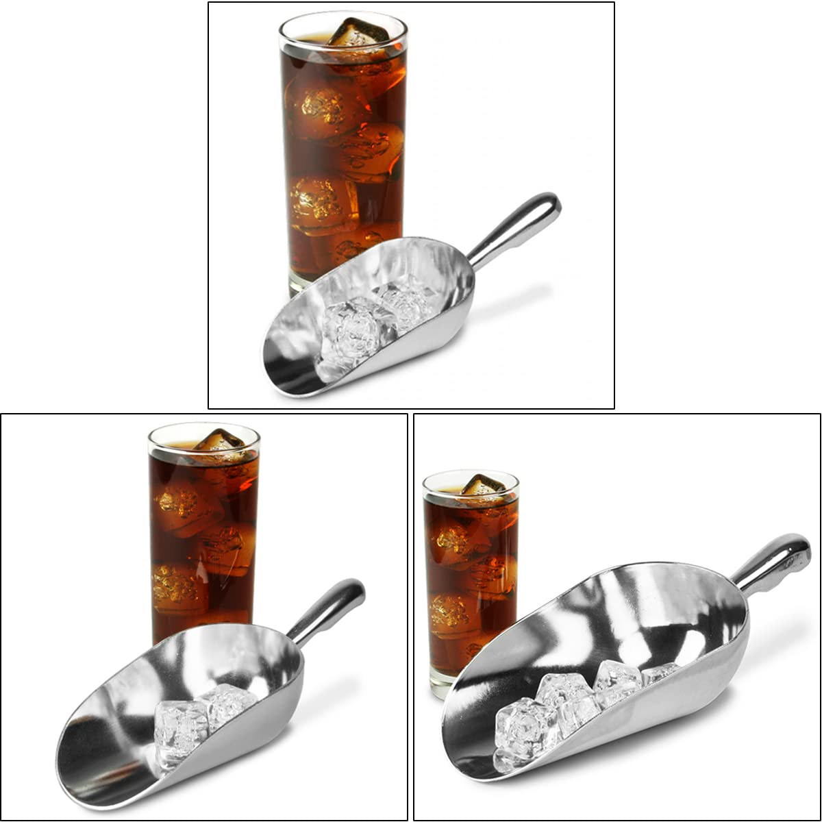 Ice Cube Scoop Set of 3, Cast Aluminum Shovel Scoops Kitchen Utility Scoops Set, Bar Ice Scooper for Ice Maker Freezer Coffee Bean Food Candy Flour Popcorn Round Bottom