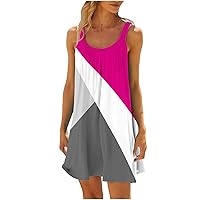 Womens Summer Sleeveless Tank Dress Classic Color Block Scoop Neck Tunic Mini Dresses Casual Loose Beach Sundress