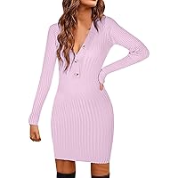 XJYIOEWT Sundresses for Women 2024 Long, Knitted Dress Autumn and Winter New Long Sleeved Slim Sexy Hip V Neck Bottomin