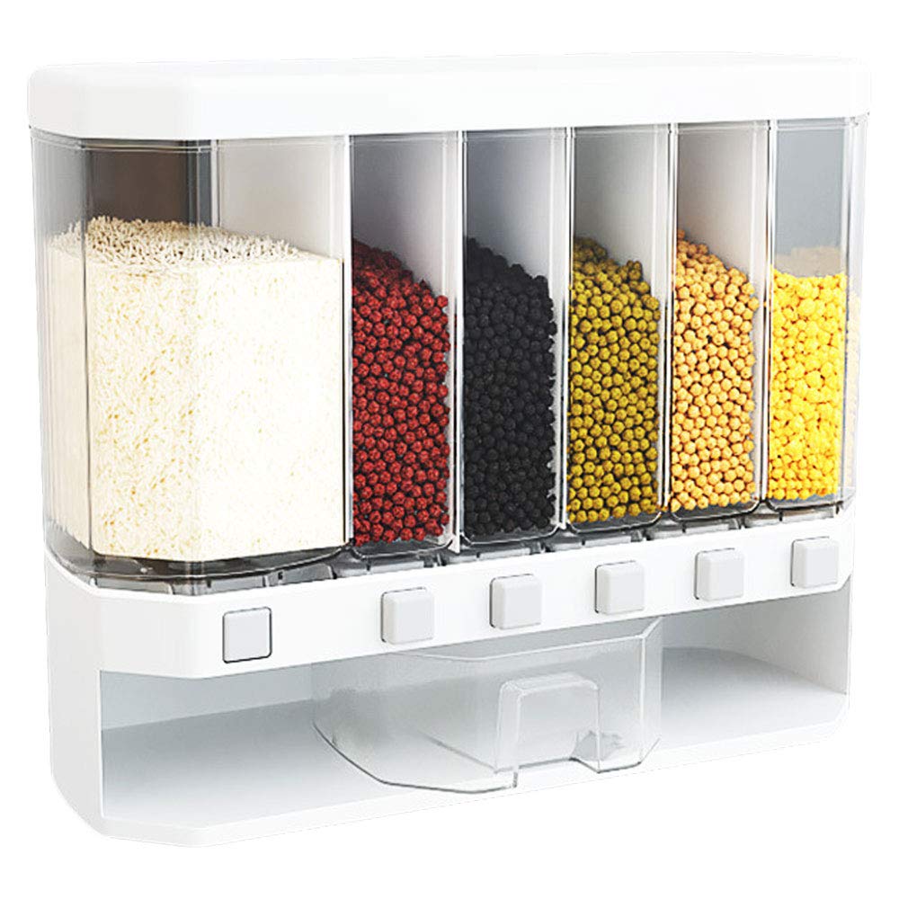 ALFEEL Rice Dispenser Storage Box, Food Dispenser Wall Mounted, Rice Bucket Container, Dry Food Storage Box, 12L Large Capacity 6-Grid Automatic Ri...