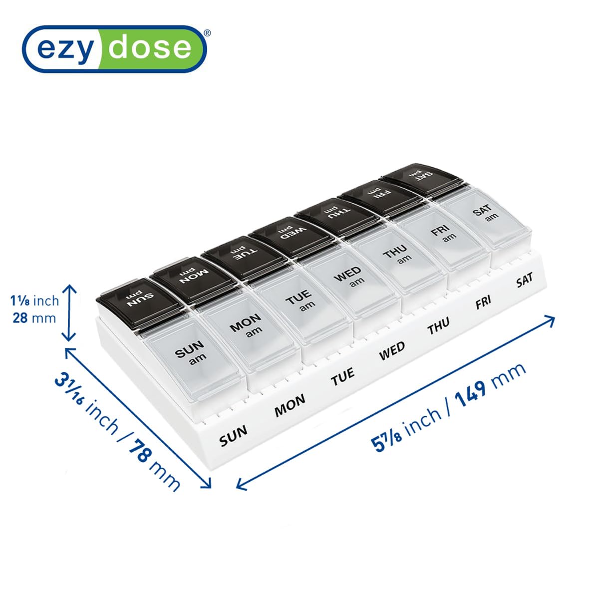 EZY DOSE Weekly (7-Day) AM/PM Pill Case, Medicine Planner, Vitamin Organizer, Small Pop-Out Compartments, 2 Times a Day, Black and Clear Lids