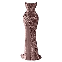 Mermaid Sparkly Sequin Prom Dresses for Women 2024, Long Strapless Formal Cocktail Party Evening Wedding Gowns with Slit