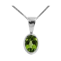 Beautiful Jewellery Company BJC® Solid 9ct White Gold Natural Peridot Single Oval Solitaire Pendant 1.50ct & 9ct White Gold Curb Necklace Chain
