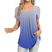 Women's 2024 Summer Tunic Tops Hide Belly Shirts Square Neck Short Sleeve Tshirt Loose Longline Blouse for Legging