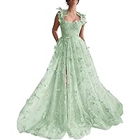 3D Butterfly Tulle Prom Dresses for Teens Slit Long Lace Applique A Line Formal Evening Party Gown for Women