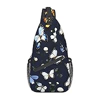 Sling Backpack,Travel Hiking Daypack White Blooms With Blue Butterflies Print Rope Crossbody Shoulder Bag