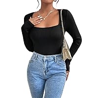 Women's T-Shirt Square Neck Ribbed Knit Tee T-Shirt for Women T-Shirt (Color : Black, Size : Small)
