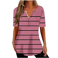 Henley T Shirts for Women Striped Print Short Sleeve Tee Tops Buttons Down V Neck Spring Blouse Dressy Casual Tunic Tshirt