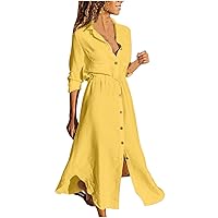 Women Cotton and Linen Shirt Dress Plus Size Casual Loose Maxi Dresses Solid Color Roll Up Long Sleeve Beach Dress