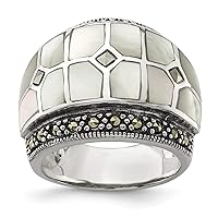 925 Sterling Silver Textured Polished Open back Marcasite and Simulated Mother of Pearl Ring Jewelry for Women - Ring Size Options Range: L to N