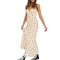 Women's Summer Dresses Casual Ladies' Floral Contrast Printed Deep V Ladies' Dress Halter Lace Up Dress(Beige,Small)