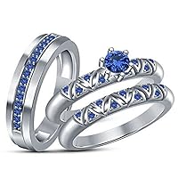 Created Round Cut Blue Sapphire 925 Sterling Silver 14K White Gold Over Diamond Engagement Wedding Trio Ring Set for Him & Her