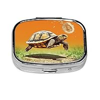 Tortoise Turtle Jumping Print Pill Box Square Metal Pill Case with 2 Compartment Portable Mini Pill Organizer Cute Pill Container for Pocket Purse Office Travel