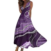 Boho Maxi Dress, Wrap Dresses for Women 2024 Womens Dress Swing Dress Ladies V Neck Loose Sleeveless Outdoor Maxi Dress Womens Streetwear Outdoor Weekend Summer Long Dress Boho (Purple,XX-Large)