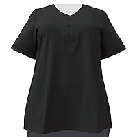 Women's Plus Size Black Cotton Knit Short Sleeve Y-Neck Placket Top