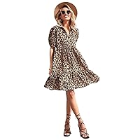 Summer Dresses For Women 2022 Leopard Print Ruffle Hem Puff Sleeve Smock Dress Maxi Dress For Women