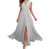 V Neck Ruffled Chiffon Bridesmaid Dresses Long Formal Evening Party Gown with Slit