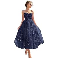 Sparkly Starry Tulle Prom Ball Gown Puffy Sweetheart Spaghetti Straps Tea Length Evening Gowns for Teens Formal