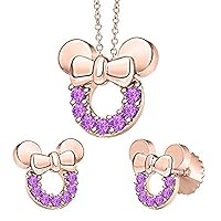 Minnie Mouse Bow Pendant Necklace Earrings Set Gemstone 14k Rose Gold Over .925 Sterling Silver Over for Womes Girls
