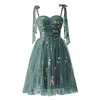 Women's Flower Embroidery Tulle Homecoming Dresses for Teens Spaghetti Straps Formal Short Prom Dress