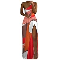 One Shoulder Dress for Women Floral Geometric Print Color Block High Split Maxi Dresses Casual Summer Beach Sundress