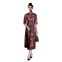 Women Dress Silk Fragrant Cloud Yarn HuaLuo Peony Pattern Printed Mock Neck Half Sleeve Thin Belt Purple 2808