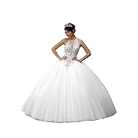 Women's Sweetheart Quinceanera Dress Lace Sequin Beads Applique Backless Princess Ball Gown Tulle Prom Dress White