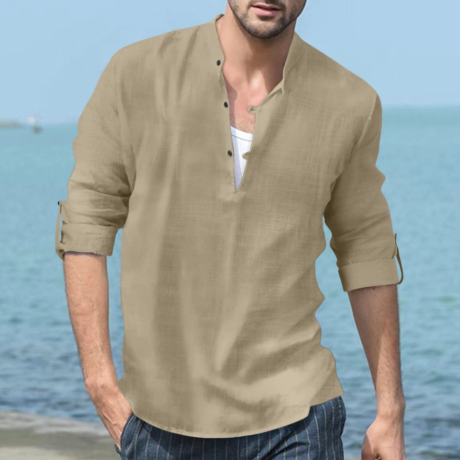 Mens Linen Shirts Long Sleeve Casual Button Up Loose Fit Beach