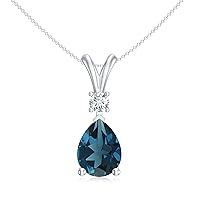 Natural London Blue Topaz Teardrop Pendant Necklace with Diamond for Women in 14K Rose Gold
