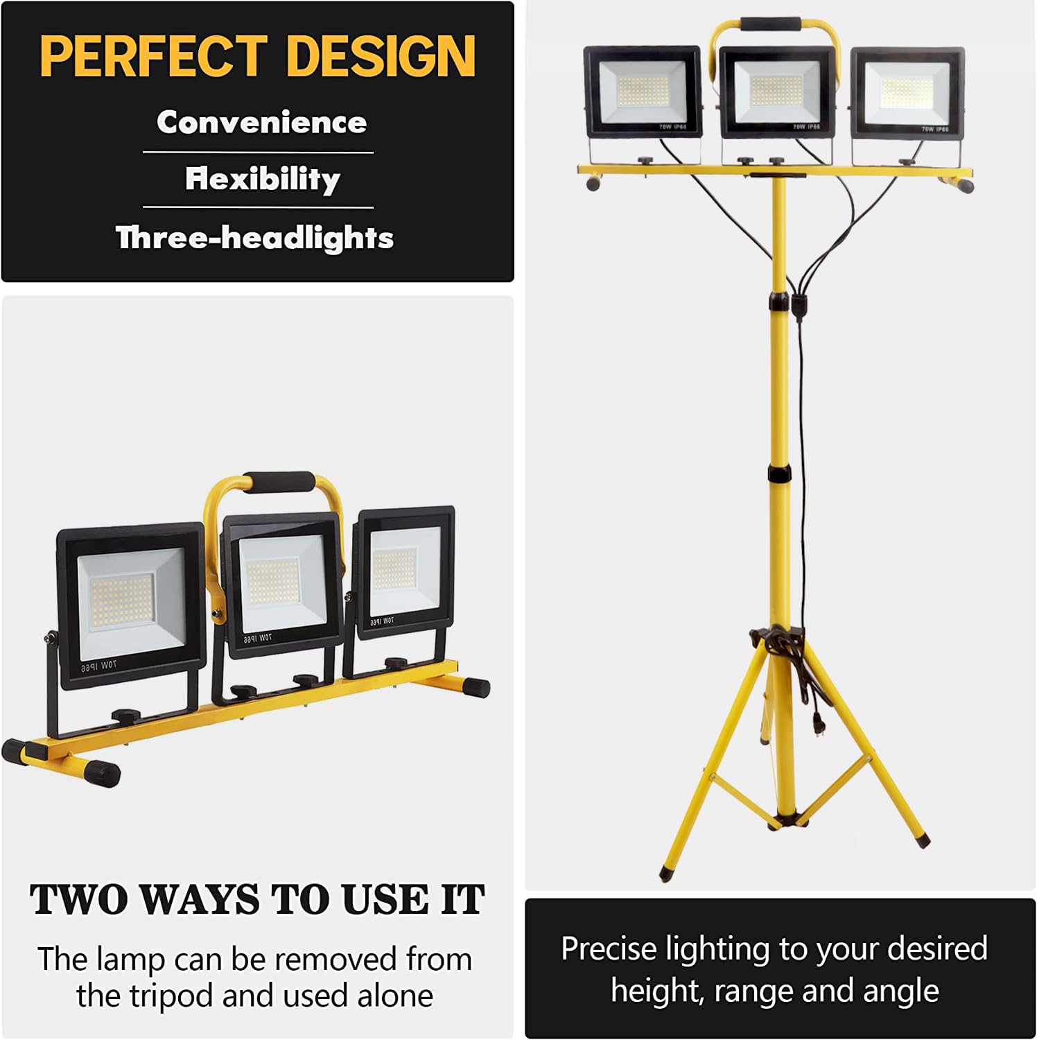 21000 Lumen Work Lights with Stand, 3 Adjustable Head LED Work Light, with Adjustable and Foldable Tripod Stand, Waterproof Lamp with Individual Switch with 6500 Kelvin Color Temperature
