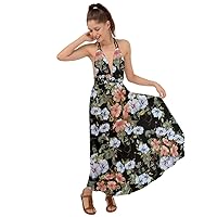 CowCow Womens Sexy Deep V Neck Garden Floral Vintage Roses Flowers Pattern Backless Maxi Beach Dress