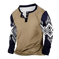 Mens Muscle Slim Henley Shirts Crewneck Longline T-Shirt Tees with Button Western Aztec Ethnic Print Shirts Blouse