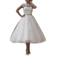 Ivory Lace Embellished Cap Sleeve Tea Length Ball Gown Wedding Dress 6 Ivory