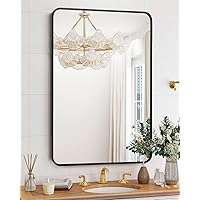 22 x 30 Inch Matte Black Metal Framed Mirror, HD Eco-Friendly Wall Mount Bathroom Mirror, 2024 New Cute Rounded Corner Rectangular Vanity Mirror, Hangs Horizontally or Vertically
