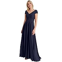 Women's Lace Appliques Mother of The Bride Dresses for Wedding Cap Sleeves Chiffon V Neck Long Formal Evening Gowns