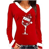 Women's Christmas Tops, Sexy Trim Fur V-Neck Long Sleeve Shirts Fashion Sequin Wine Glass Graphic Tees Slim Blouses