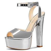 NobleOnly Womens High Block Platform Heel Peep Toe Ankle Strap Sandals Buckle Prom Dress Shoes 5.9 Inches Heels