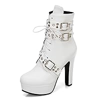 Women's Studded Buckled Combat Boots Chunky Platform Ankle Booties Goth Punk Lace Up Knight Biker Boots Zipper High Heels White Size 11.5