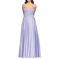 A Line Lace V Neck Prom Dresses with Beads Spaghetti Strap Satin Long Ball Gowns Formal Evening Dress for Women