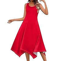 Womens Long Dresses Summer Flowy Dresses for Women 2024 Summer Solid Color Simple Classic Casual Slim with Sleeveless Crewneck Tunic Dress Red Medium
