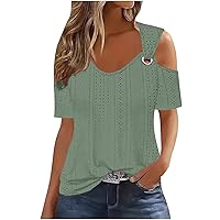 Short Sleeve Cold Shoulder Tops for Women Dressy Cut Out Eyelet Crochet Shirts Trendy Elegant Sexy Casual Blouse