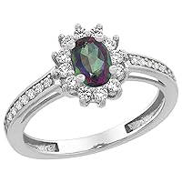 14K White Gold Natural Mystic Topaz Flower Halo Ring Oval 6x4mm Diamond Accents, sizes 5-10