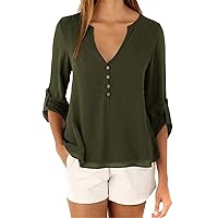 Andongnywell Women Button V-Neck Casual Tops T-Shirt Loose Top Blouse Pull Sleeve Loose Chiffon Shirt