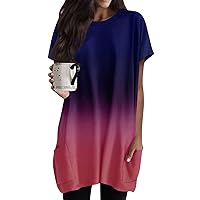 Women's Short Sleeve Casual T Shirts Round Neck Print Regular Fit Tops with Pocket