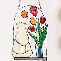 Beautiful Real Glass White Cat With Tulips Suncatcher, Handmade Wall Hanging Suncatcher, Perfect Gift For Mothers Day